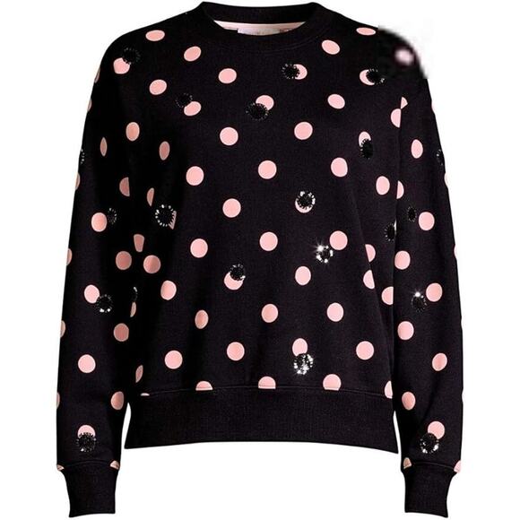 Tory Burch Black Pink Sequin Sweater Sweatshirt Polka Dot Crew Neck Long Sleeve - Picture 1 of 9